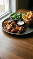 Grilled chicken wings with herbs served alongside golden french fries and fresh salad on wooden table near window for restaurant menu photography.