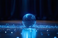 Glowing crystal ball on dark surface with magical blue bokeh lights and reflections creates mystical atmosphere for fantasy and fortune telling concepts.