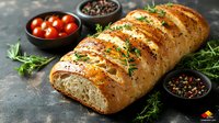 Fresh baked crusty bread loaf with herbs and spices on dark background, cherry tomatoes and peppercorns in black bowls, rustic food photography.