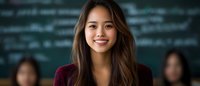 Young Asian woman in burgundy blazer smiling confidently at camera in professional setting with blurred classroom background. Natural makeup and long dark hair.