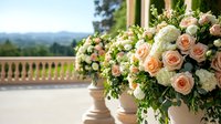 Luxurious floral arrangements with peach roses and white hydrangeas on stone balustrade overlooking scenic countryside landscape, elegant outdoor wedding decoration setup.