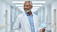 Smiling African American male doctor in white coat holding tablet in modern hospital corridor. Professional healthcare worker using digital technology.