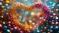 Glowing heart shape formed by colorful water drops with bokeh effect in orange, pink and turquoise tones creating romantic dreamy atmosphere.