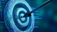 Digital target with arrow hitting bullseye center surrounded by glowing network connections and data streams for business success and goal achievement concepts.
