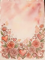 Watercolor floral frame with roses, hearts, and ornamental swirls on soft pink background. Isolated design element suitable for wedding invitations, greeting cards, and romantic stationery projects.