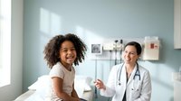 Young African American woman patient smiling during medical consultation with female doctor in modern hospital room for healthcare communication.