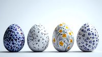 Decorative Easter eggs with delicate floral and dot patterns in blue, yellow, and white colors arranged in row on light background. Modern spring holiday design.