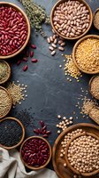 Assorted legumes and grains in wooden bowls on dark slate background. Kidney beans, chickpeas, lentils, quinoa for healthy cooking and nutrition.
