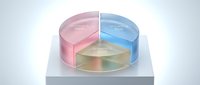 Colorful translucent pie chart with three segments showing data visualization and business analytics on white platform for presentations.