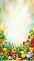 Watercolor cooking frame with fresh vegetables, herbs, olive oil, spices and kitchen utensils arranged on soft blurred background. Ideal for recipe blogs, cookbooks and food-related designs.