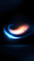 Glowing spiral light trails in orange and blue colors against dark background create cosmic effect with sparkling particles and ethereal atmosphere.
