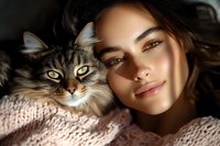 Young woman cuddling with tabby cat in cozy pink sweater showing affection and companionship in warm indoor setting for pet care and lifestyle content.