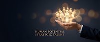 Human potential, strategic talent development, and leadership growth concept with glowing light bulbs emerging from open hand against dark background.