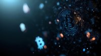 Digital currency symbol glowing with blue and orange particles on dark background, representing blockchain technology and cryptocurrency trading for financial and tech concepts.
