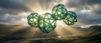 Green geometric spheres floating above mountain landscape with dramatic sunburst through cloudy sky creating surreal futuristic scene for technology concepts.