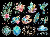 Watercolor clipart set with flowers, crystals, hummingbird, feathers, compass, and more. Isolated on transparent background, ready for stickers, T-shirts, and print on demand.