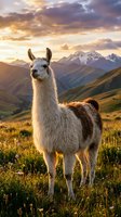 White and brown llama standing in mountain meadow at sunset with snow-capped peaks and golden sky in background. Wildlife and nature photography.