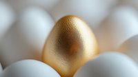 Golden egg among white eggs on blurred background, symbolizing uniqueness, success and standing out from crowd. Financial growth concept.