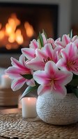 Pink and white lilies in woven vase with glowing candle and fireplace in background create cozy romantic atmosphere for home decor and lifestyle designs.