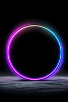 Glowing neon circle with gradient colors from purple to blue floating above misty ground, luminous ring effect against dark background creates futuristic portal atmosphere.