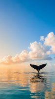 Whale tail emerging from calm ocean waters at sunset with dramatic clouds and golden light reflections creating peaceful marine wildlife scene.