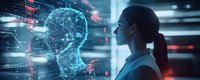 Young Asian female scientist analyzing digital brain hologram in modern laboratory with glowing data visualization and neural network interface.