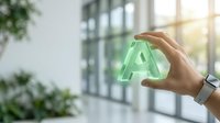 Hand holding glowing green letter A in modern office environment with natural lighting and glass windows for technology and innovation concepts.
