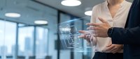 Businesswoman and businessman analyzing digital network connection interface in modern office environment for corporate technology solutions.
