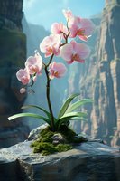 Pink orchid blooming on mossy rock ledge in dramatic mountain canyon with misty cliffs and soft natural lighting creating serene botanical landscape scene.
