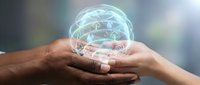 Hands holding glowing digital Earth globe with network connections representing global communication, technology and environmental protection concepts.