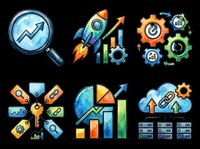 Magnifying glass with growth arrow, rocket with rising chart, gears and settings icons, colorful network hub, pie chart with bar graph, and cloud server infrastructure isolated on transparent background. Ready for t-shirt design, clipart, stickers, print-on-demand, and sublimation projects.