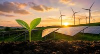 Green plant seedling growing in soil with solar panels and wind turbines at sunset representing sustainable renewable energy and environmental growth.