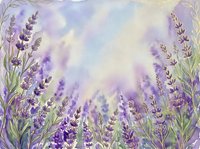 Watercolor lavender field frame with purple flowers and soft pastel background for aromatherapy, spa, wellness, botanical art and natural beauty designs.