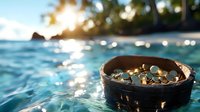 Coins in wooden bowl floating on turquoise tropical water at sunset, with palm trees and golden sunlight creating magical bokeh reflections on ocean surface.
