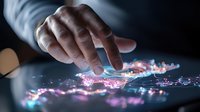 Futuristic touch interface with glowing neon particles responding to human hand gesture, showing interactive digital technology on dark background.