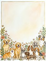 Watercolor dog breeds border frame with floral elements, paw prints, and copy space for pet greeting cards, invitations, and posters.