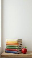 Stack of colorful hardcover books in yellow, orange, green, and red with decorative spines arranged on wooden surface next to red apple, ideal for education and learning concepts.