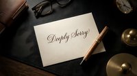Elegant apology card with cursive Deeply Sorry text on cream paper, pen, glasses, and clock on dark desk background.