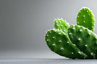Vibrant green prickly pear cactus paddles with prominent spines against neutral gray background, showcasing natural desert plant detail in minimalist composition.