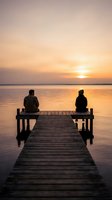 Two people sitting on wooden dock watching golden sunset over calm lake water with peaceful evening sky reflecting on surface for meditation and relaxation concepts.