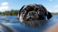 Black pug dog swimming in lake water with head above surface, close-up front view with blue eyes and wet fur during summer outdoor activity.
