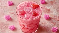 Pink strawberry smoothie with ice cubes and heart-shaped candies on marble surface for Valentine's Day celebration and romantic beverage concepts.