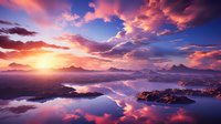 Dramatic sunset over mountain lake landscape with vibrant pink and purple clouds reflecting in calm water, creating mirror effect against silhouetted peaks and islands.