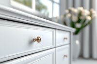 White wooden dresser with brass knobs in bright interior, selective focus on drawer handle against blurred floral decor background.