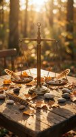 Vintage brass balance scale with autumn leaves, stones, and feathers on rustic wooden table in sunlit forest, symbolizing harmony and justice.