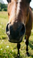 Close-up of brown horse face with black muzzle in pasture. Equine portrait showing detailed features and natural outdoor setting for animal and farm themes.