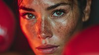 Young woman with freckles and striking green eyes illuminated by dramatic red lighting creating moody atmospheric portrait with intense gaze and artistic shadows.