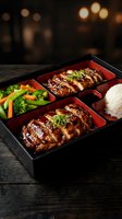 Traditional Japanese bento box with glazed teriyaki chicken, steamed vegetables and rice served in elegant lacquered container on rustic wooden table.