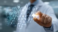 Healthcare professional touching virtual medical interface with glowing hexagonal icons representing digital health technology and innovation in modern medicine.