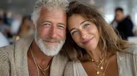 Happy mature couple embracing and smiling warmly at camera in bright indoor setting. Senior man with gray beard and middle-aged woman showing genuine affection and joy.